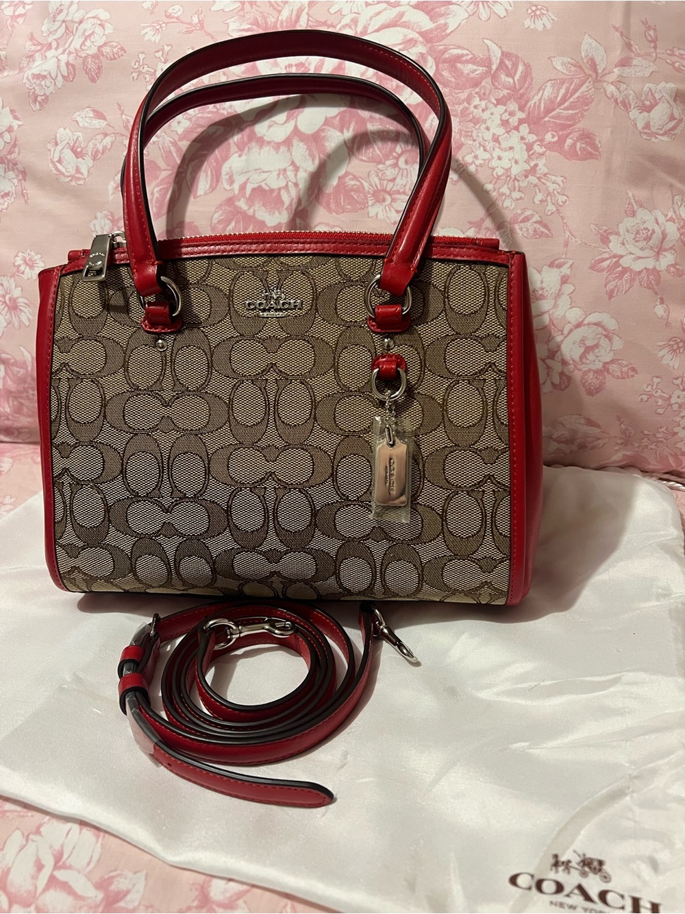 NWT Coach Signature Satchel Handbag in Red and Khaki